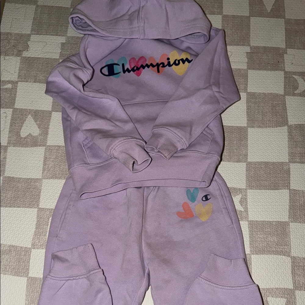 SOLD‼️Champion Lavender Hoodie and Sweatpants Set with Rainbow Heart Accents